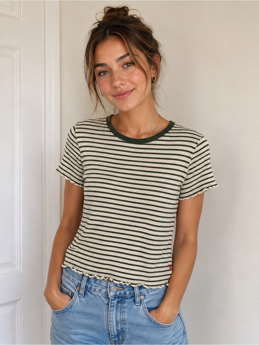 Levi's Green & White Striped Ribbed Crewneck Tee